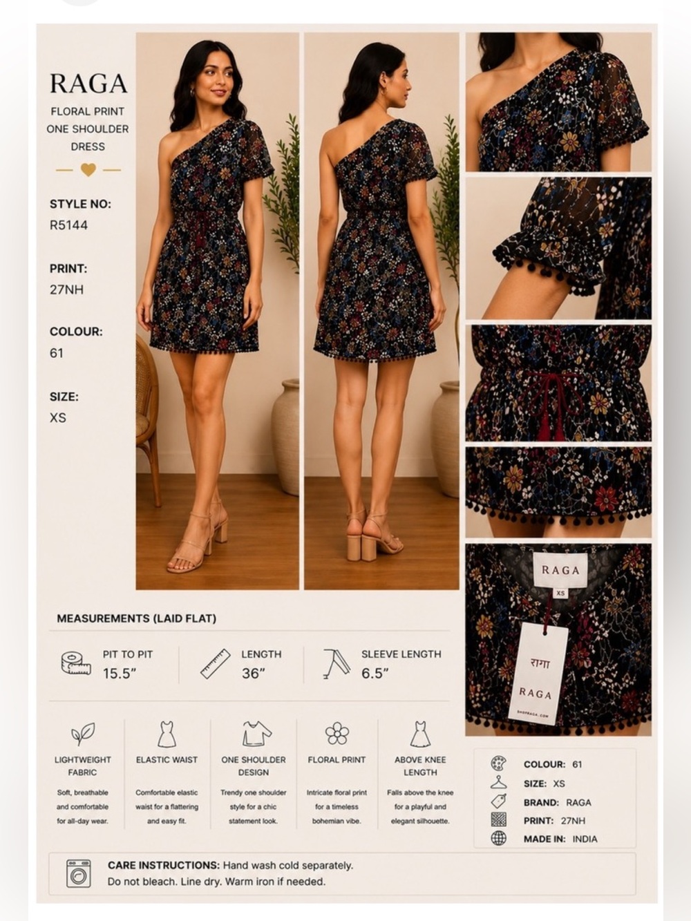 RAGA Black One-Shoulder Floral Dress with Pom Trim
